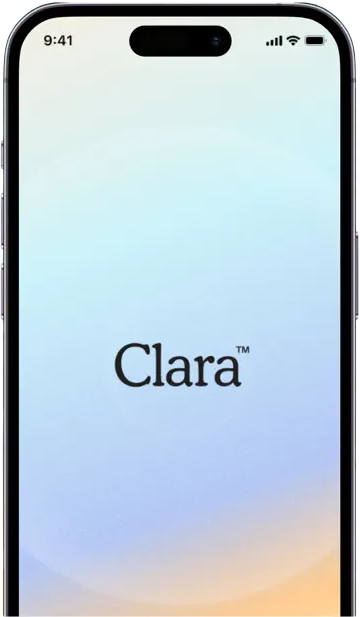 An iPhone with a gradient blue image on it with the word Clara in the centre