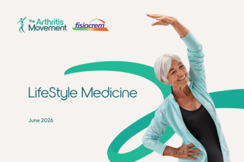 Woman reaching to the left and stretching next to the webinar title Lifestyle Medicine